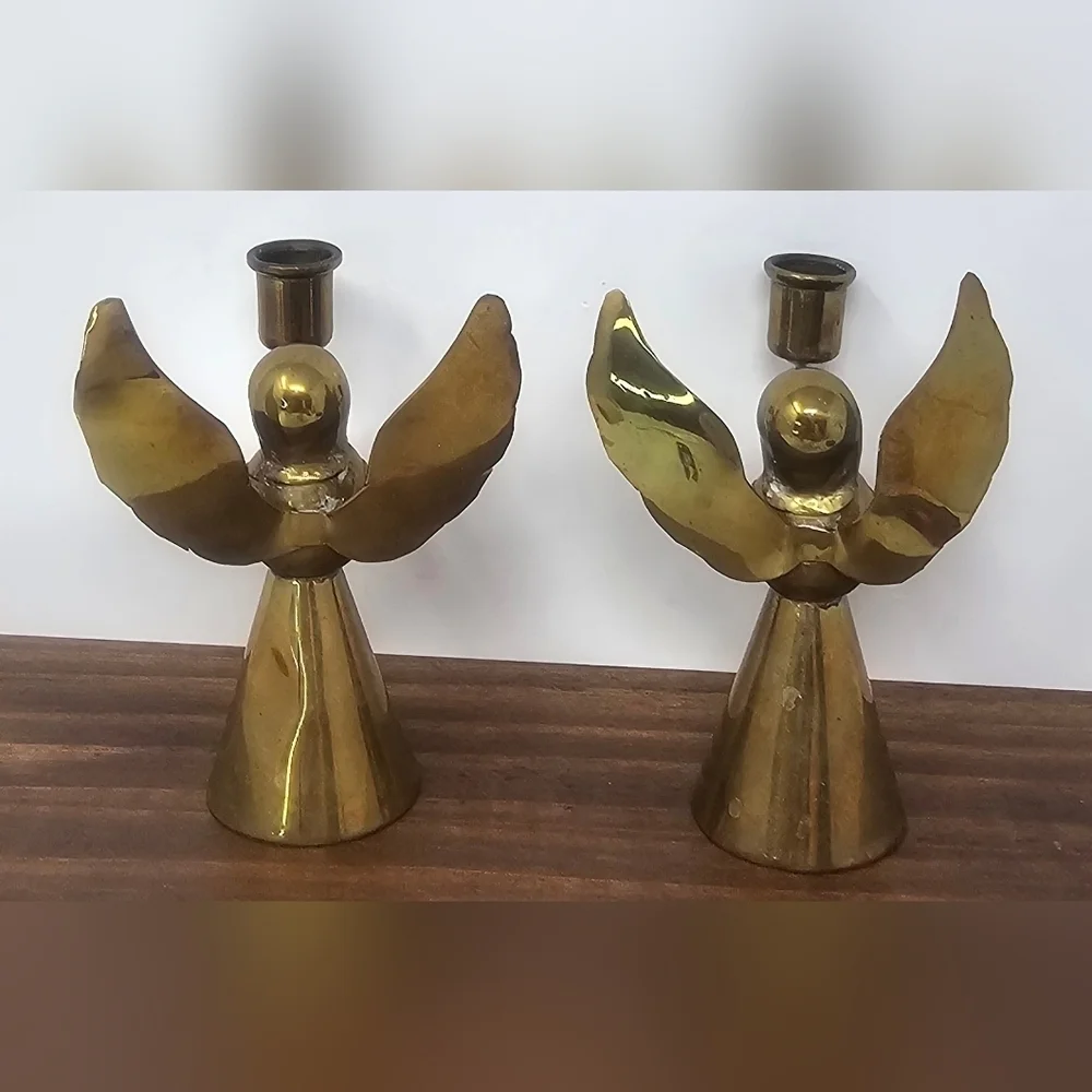 Vintage Brass Angel Candle Holder Small Set Of 2  Made In Mexico